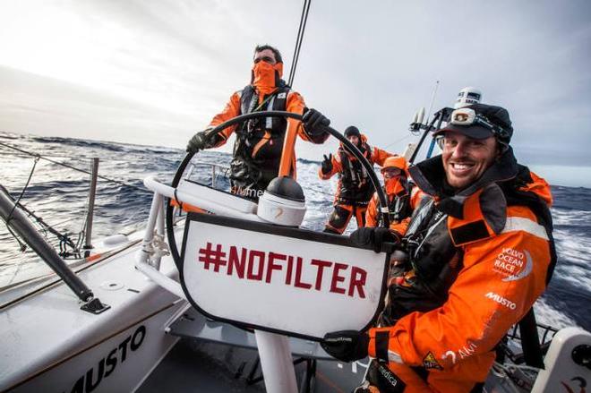 Onboard Team Alvimedica - Dave Swete holding a #nofilter sign with the rest of Alvimedica's on-deck crew supporting the good cause - Leg five to Itajai -  Volvo Ocean Race 2015 ©  Amory Ross / Team Alvimedica